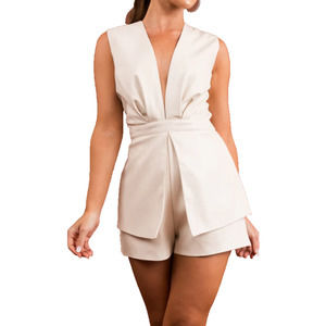 Do+Be Women's Faux Leather Romper Deep V-neck Sleeveless Size M Cream